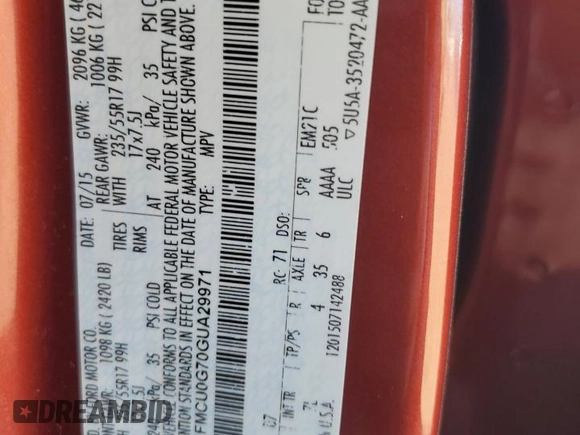 2016 Ford Escape SE with VIN 1FMCU0G70GUA29971, listed as a Copart auction lot 50333625 with 138,643 mi miles and Salvage Title. Bid and sale history available at carsss.com. Image 13.