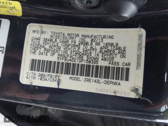 2013 Toyota Corolla L with VIN 5YFBU4EE1DP150395, listed as a IAAI auction lot 41949991 with 133,429 mi miles and . Bid and sale history available at DreamBid. Image 9.