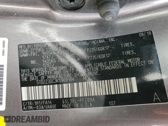 2019 Toyota Sienna L with VIN 5TDZZ3DC3KS969164, listed as a Copart auction lot 61050314 with 140,840 mi miles and Salvage Title. Bid and sale history available at carsss.com. Image 12.