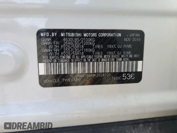 2019 Mitsubishi Eclipse Cross LE with VIN JA4AT4AA8KZ024100, listed as a Copart auction lot 57161575 with 97,794 mi miles and Salvage title. Bid and sale history available at DreamBid. Image 13.