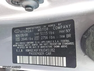 2009 Hyundai Genesis with VIN KMHGC46FX9U045182, listed as a IAAI auction lot 41936573 with 101,860 mi miles. Bid and sale history available at carsss.com. Image 9.