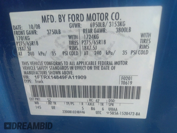 2009 Ford F-150 STX with VIN 1FTRX14849FA11909, listed as a IAAI auction lot 40979039 with 162,013 mi miles. Bid and sale history available at carsss.com. Image 9.