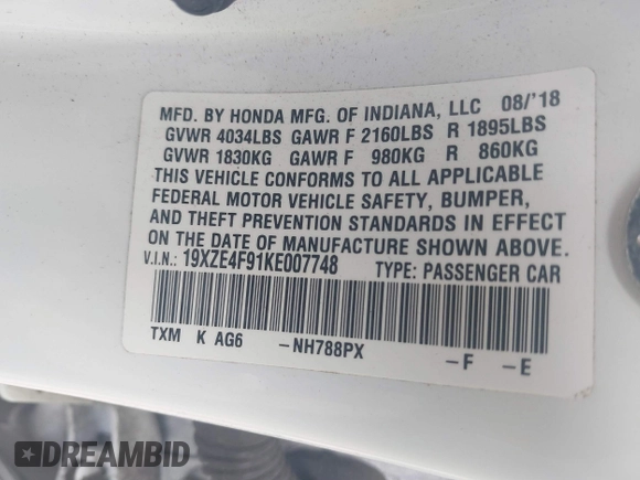 2019 Honda Insight Touring with VIN 19XZE4F91KE007748, listed as a IAAI auction lot 40233174 with 78,036 mi miles and . Bid and sale history available at DreamBid. Image 9.