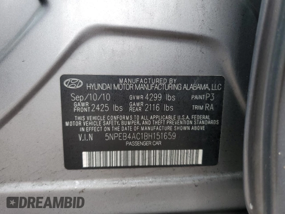 2011 Hyundai Sonata GLS with VIN 5NPEB4AC1BH151659, listed as a Copart auction lot 47637095 with 126,333 mi miles and Salvage Title. Bid and sale history available at carsss.com. Image 14.