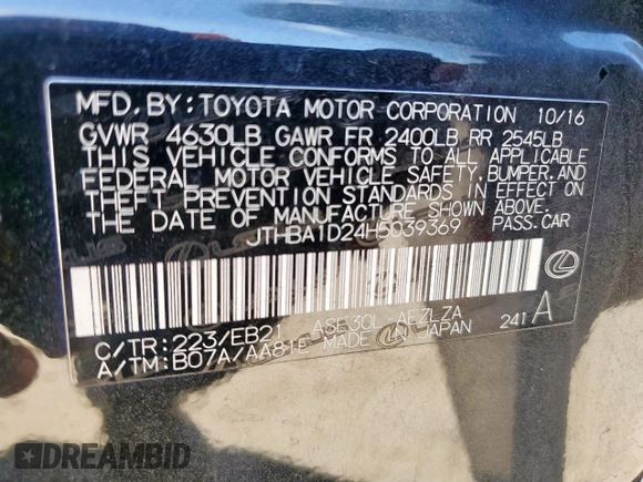 2017 Lexus IS 200t with VIN JTHBA1D24H5039369, listed as a Copart auction lot 62643755 with 135,171 mi miles and Salvage title. Bid and sale history available at DreamBid. Image 13.