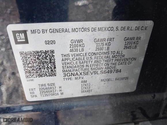 2020 Chevrolet Equinox LS with VIN 3GNAXSEV9LS649784, listed as a IAAI auction lot 41977188 with 57,982 mi miles. Bid and sale history available at carsss.com. Image 9.