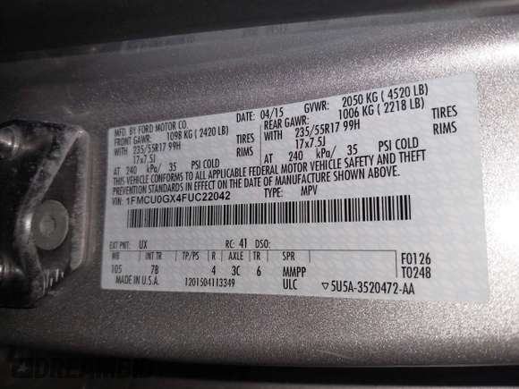 2015 Ford Escape SE with VIN 1FMCU0GX4FUC22042, listed as a IAAI auction lot 42094798 with 35,407 mi miles and . Bid and sale history available at DreamBid. Image 9.