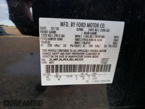 2018 Lincoln MKX Premiere with VIN 2LMPJ6JRXJBL48335, listed as a Copart auction lot 87130044 with 60,515 mi miles and Salvage Title. Bid and sale history available at carsss.com. Image 16.
