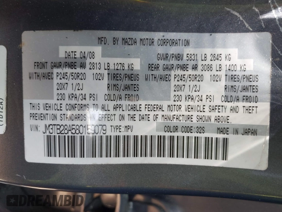 2008 Mazda CX-9 Grand Touring with VIN JM3TB28A580159079, listed as a IAAI auction lot 42013165 with 180,778 mi miles and . Bid and sale history available at carsss.com. Image 9.