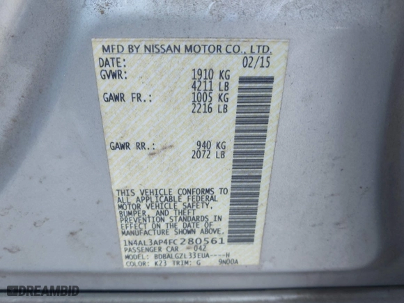 2015 Nissan Altima 2.5 with VIN 1N4AL3AP4FC280561, listed as a IAAI auction lot 41684704 with 130,991 mi miles. Bid and sale history available at carsss.com. Image 9.