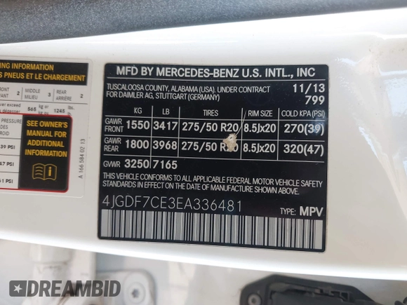 2014 Mercedes-Benz GL 450 with VIN 4JGDF7CE3EA336481, listed as a IAAI auction lot 42025576 with 145,244 mi miles and . Bid and sale history available at DreamBid. Image 9.