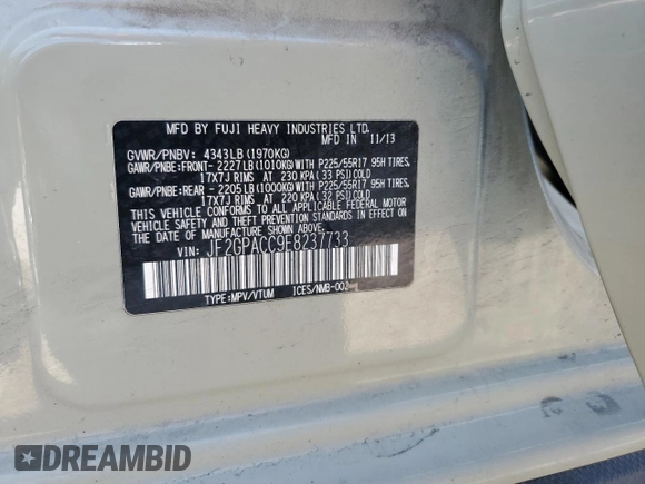 2014 Subaru Crosstrek Premium with VIN JF2GPACC9E8237733, listed as a Copart auction lot 59631215 with 108,075 mi miles and Salvage title. Bid and sale history available at DreamBid. Image 13.