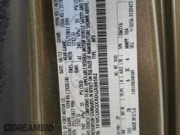2013 Ford Escape SE with VIN 1FMCU0GXXDUA98582, listed as a Copart auction lot 60981495 with 89,833 mi miles and Non repairable. Bid and sale history available at DreamBid. Image 14.