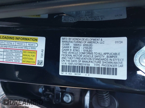 2024 Honda Civic EX-L z VIN 19XFL1H73RE014164, wystawiony jako IAAI lot #38823542 z przebiegiem 3 mil mil oraz . Historia ofert i sprzedaży dostępna na DreamBid. Obrazek 9.