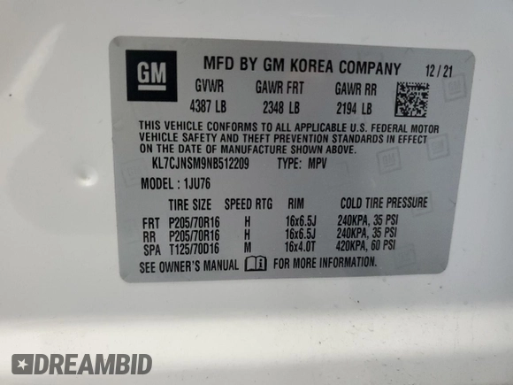 2022 Chevrolet Trax LS with VIN KL7CJNSM9NB512209, listed as a Copart auction lot 52256345 with 60,571 mi miles and Clean Title. Bid and sale history available at carsss.com. Image 13.