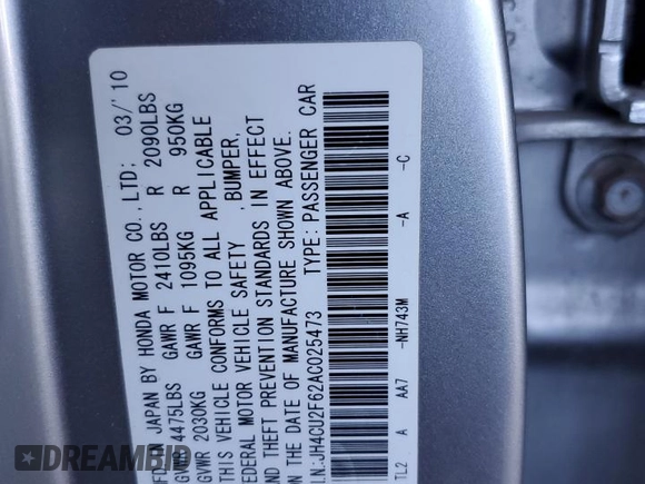 2010 Acura TSX z VIN JH4CU2F62AC025473, wystawiony jako Copart lot #62026375 z przebiegiem 219 996 mil mil oraz Szkoda całkowita • Salvage title. Historia ofert i sprzedaży dostępna na DreamBid. Obrazek 15.