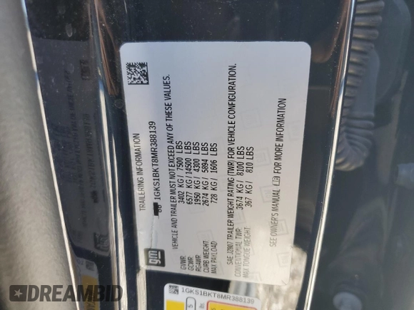 2021 GMC Yukon SLT with VIN 1GKS1BKT8MR388139, listed as a Copart auction lot 87682545 with 0 mi miles and Salvage Title. Bid and sale history available at carsss.com. Image 14.