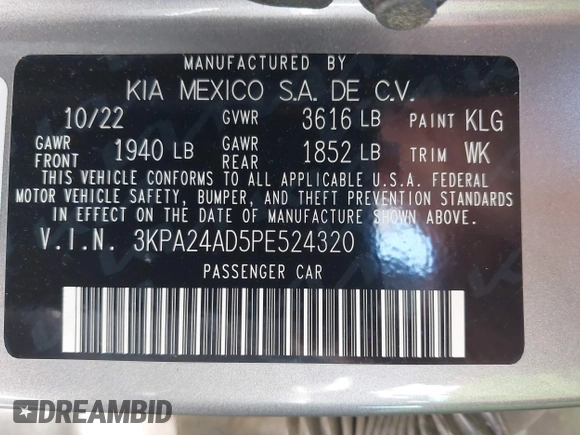 2023 Kia Rio S with VIN 3KPA24AD5PE524320, listed as a IAAI auction lot 41881897 with 48,615 mi miles. Bid and sale history available at carsss.com. Image 9.