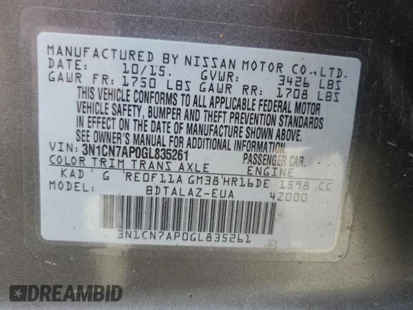 2016 Nissan Versa SV z VIN 3N1CN7AP0GL835261, wystawiony jako Copart lot #57330285 z przebiegiem 121 670 mil mil oraz Szkoda całkowita • Salvage title. Historia ofert i sprzedaży dostępna na DreamBid. Obrazek 12.