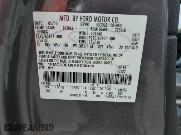 2010 Ford Escape Limited с VIN 1FMCU0EG8AKD06419, выставлен на аукционе Copart как лот 62357115 с пробегом 138 687 миль миль и Списание • Salvage title. История ставок и продаж доступна на DreamBid. Изображение 12.