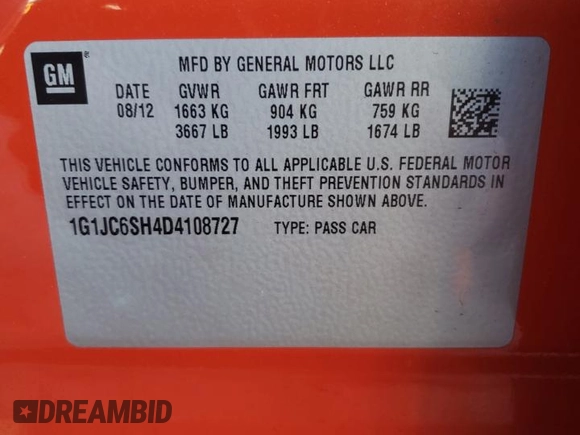 2013 Chevrolet Sonic LT with VIN 1G1JC6SH4D4108727, listed as a Copart auction lot 47113725 with 59,042 mi miles and Salvage Title. Bid and sale history available at carsss.com. Image 15.