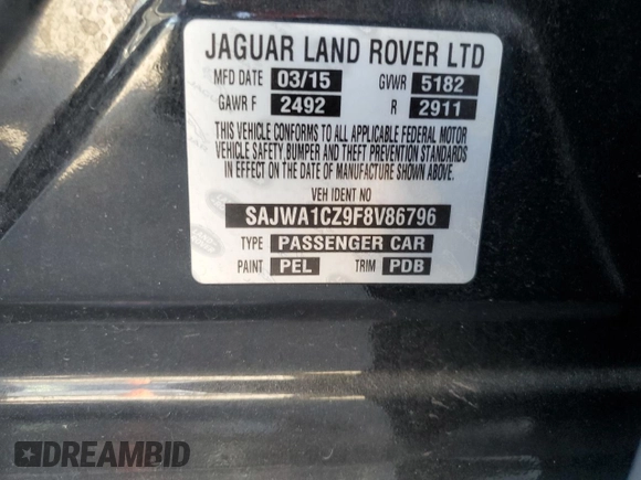 2015 Jaguar XJ z VIN SAJWA1CZ9F8V86796, wystawiony jako Copart lot #76458134 z przebiegiem Nie podano mil oraz Szkoda całkowita • Salvage title. Historia ofert i sprzedaży dostępna na DreamBid. Obrazek 13.