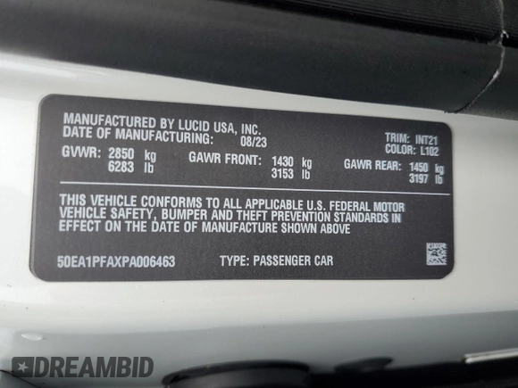 2023 Lucid Air Pure z VIN 50EA1PFAXPA006463, wystawiony jako Copart lot #65423074 z przebiegiem 4488 mil mil oraz Szkody całkowita. Historia ofert i sprzedaży dostępna na DreamBid. Obrazek 12.