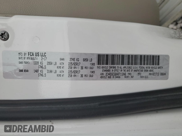 2017 Dodge Grand Caravan SXT with VIN 2C4RDGCG8HR711248, listed as a Copart auction lot 51546775 with 93,510 mi miles and Salvage Title. Bid and sale history available at DreamBid. Image 13.