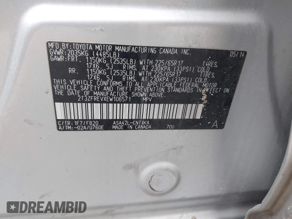2014 Toyota RAV4 LE with VIN 2T3ZFREVXEW106571, listed as a IAAI auction lot 42161389 with Not provided miles and . Bid and sale history available at DreamBid. Image 9.