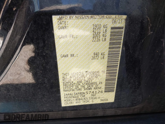 2013 Nissan Altima SV with VIN 1N4AL3AP8DN574126, listed as a IAAI auction lot 42873812 with 118,184 mi miles and . Bid and sale history available at DreamBid. Image 9.