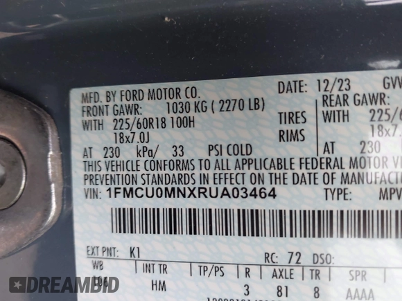 2024 Ford Escape ST-Line with VIN 1FMCU0MNXRUA03464, listed as a IAAI auction lot 42200230 with 34,842 mi miles and . Bid and sale history available at DreamBid. Image 9.