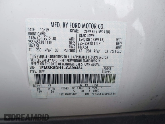 2020 Ford Explorer XLT z VIN 1FMSK8DH1LGA99484, wystawiony jako IAAI lot #41888238 z przebiegiem 51 946 mil mil oraz . Historia ofert i sprzedaży dostępna na DreamBid. Obrazek 9.