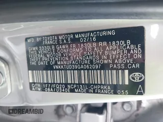 2016 Toyota Yaris L with VIN VNKKTUD39GA062097, listed as a IAAI auction lot 42030121 with 135,500 mi miles. Bid and sale history available at carsss.com. Image 9.