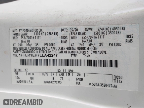 2020 Ford Ranger XL with VIN 1FTER1EH7LLA42247, listed as a IAAI auction lot 42125956 with 89,120 mi miles and . Bid and sale history available at DreamBid. Image 9.