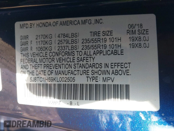 2019 Acura RDX Technology with VIN 5J8TC1H59KL002505, listed as a IAAI auction lot 41441302 with 137,330 mi miles and . Bid and sale history available at DreamBid. Image 9.