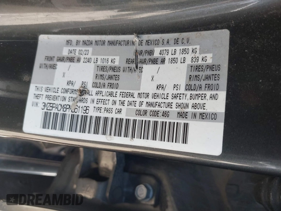 2023 Mazda 3 S Preferred with VIN 3MZBPACM8PM361196, listed as a IAAI auction lot 41940018 with 49,759 mi miles and . Bid and sale history available at DreamBid. Image 9.