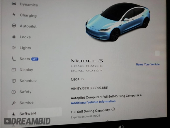 2025 Tesla Model 3 Long Range with VIN 5YJ3E1EB3SF904881, listed as a Copart auction lot 52704205 with 1,904 mi miles and Salvage Title. Bid and sale history available at DreamBid. Image 9.