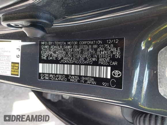 2013 Toyota Prius with VIN JTDKN3DPXD3034972, listed as a IAAI auction lot 41814898 with 137,170 mi miles and . Bid and sale history available at DreamBid. Image 9.
