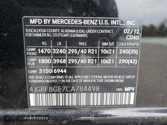 2012 Mercedes-Benz GL-Class GL 550 with VIN 4JGBF8GE7CA784498, listed as a Copart auction lot 45572265 with 114,537 mi miles and Salvage Title. Bid and sale history available at carsss.com. Image 13.
