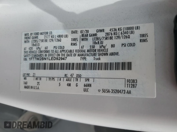 2020 Ford F-250 XL z VIN 1FT7W2BN1LED92947, wystawiony jako Copart lot #55405635 z przebiegiem 73 841 mil mil oraz Szkoda całkowita • Salvage title. Historia ofert i sprzedaży dostępna na DreamBid. Obrazek 12.