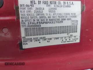 1993 Ford Taurus with VIN 1FALP54P8PA317029, listed as a IAAI auction lot 42762053 with 157,665 mi miles and . Bid and sale history available at DreamBid. Image 9.