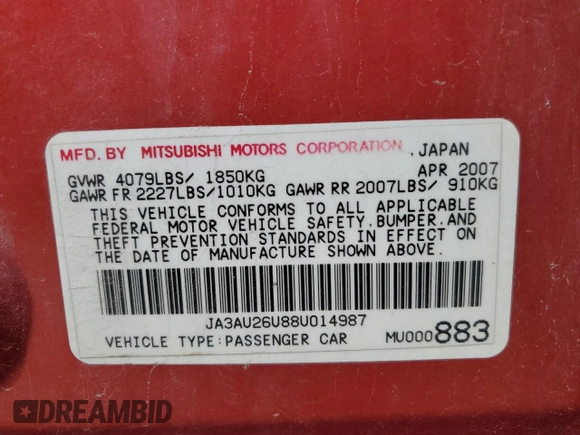 2008 Mitsubishi Lancer DE with VIN JA3AU26U88U014987, listed as a Copart auction lot 69784924 with 170,971 mi miles and Salvage title. Bid and sale history available at DreamBid. Image 12.