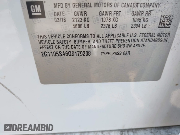 2016 Chevrolet Impala LT with VIN 2G1105SA6G9179208, listed as a IAAI auction lot 42514071 with 86,012 mi miles and . Bid and sale history available at DreamBid. Image 9.