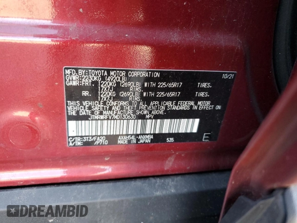 2021 Toyota RAV4 Hybrid XLE with VIN JTMRWRFV7MD130630, listed as a Copart auction lot 76802014 with 0 mi miles and Salvage Title. Bid and sale history available at carsss.com. Image 14.