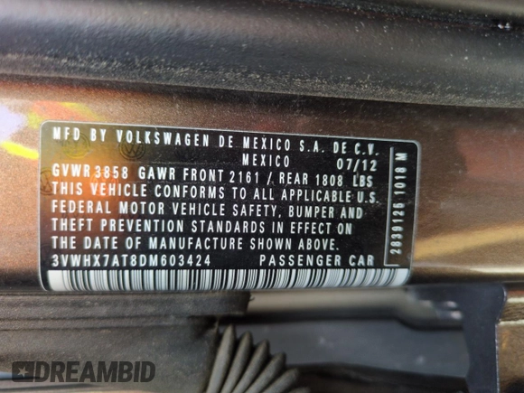 2013 Volkswagen Beetle with VIN 3VWHX7AT8DM603424, listed as a Copart auction lot 51019185 with 136,196 mi miles and Salvage Title. Bid and sale history available at DreamBid. Image 12.