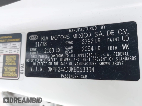 2019 Kia Forte LXS with VIN 3KPF24AD3KE053394, listed as a IAAI auction lot 41960505 with 90,406 mi miles. Bid and sale history available at carsss.com. Image 9.