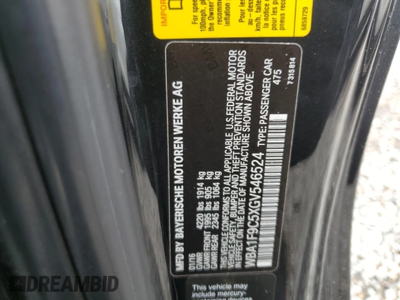 2016 BMW 2 Series 228i with VIN WBA1F9C5XGV546524, listed as a Copart auction lot 56698965 with 108,459 mi miles and Salvage title. Bid and sale history available at DreamBid. Image 12.