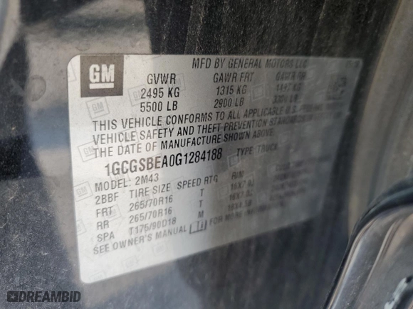 2016 Chevrolet Colorado 2WD WT with VIN 1GCGSBEA0G1284188, listed as a Copart auction lot 50591065 with 135,563 mi miles and Salvage Title. Bid and sale history available at carsss.com. Image 12.