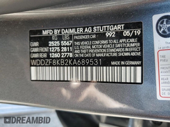 2019 Mercedes-Benz E 63 S AMG with VIN WDDZF8KB2KA689531, listed as a Copart auction lot 58630144 with 56,796 mi miles and Salvage Title. Bid and sale history available at DreamBid. Image 12.