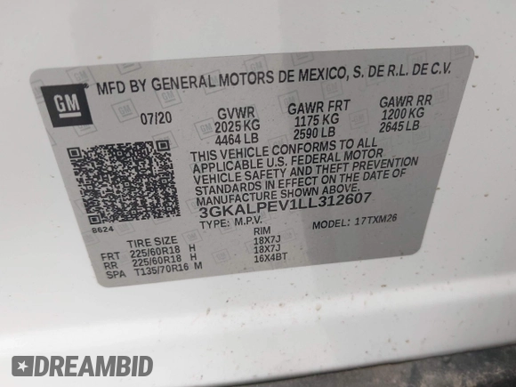 2020 GMC Terrain SLT with VIN 3GKALPEV1LL312607, listed as a IAAI auction lot 42152416 with 87,611 mi miles and . Bid and sale history available at DreamBid. Image 9.